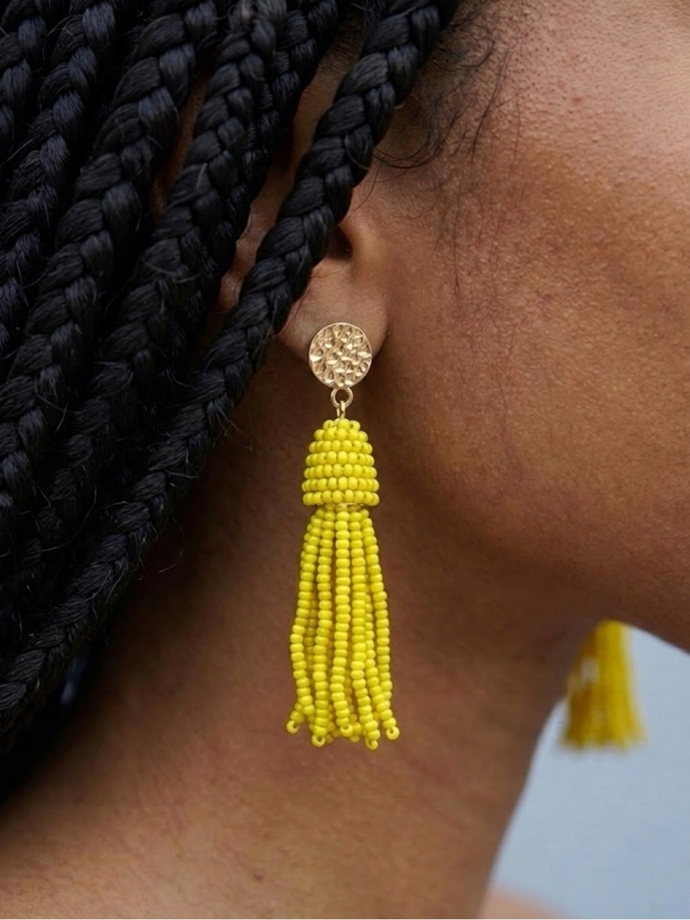 Beaded Tassel Earrings - Yellow Seed Bead Statement Earrings Bold Summer Jewelry
